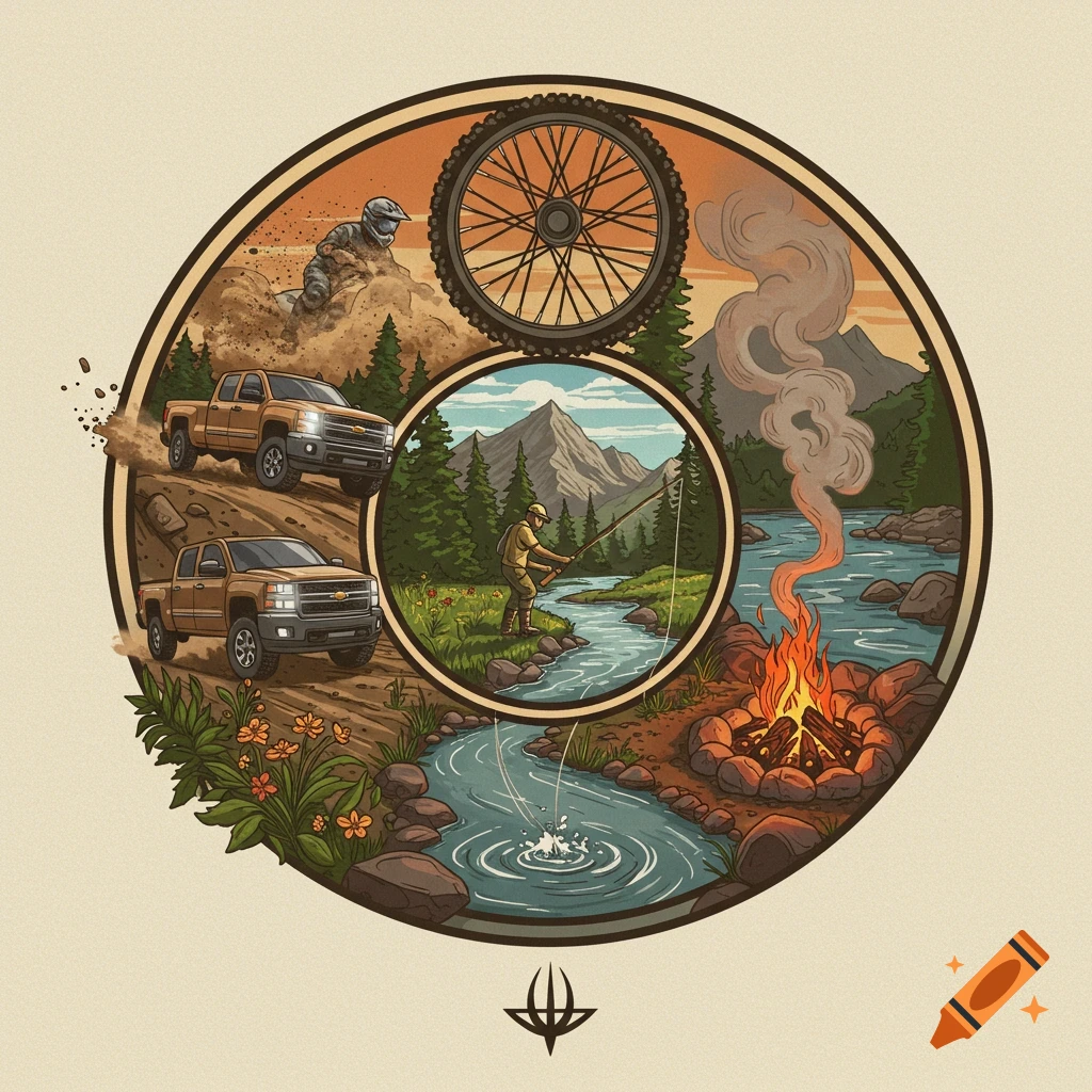 A stylized circular illustration depicting various outdoor activities: a dirt biker, two trucks on a trail, a fisherman in a river, and a campfire. A sigil is at the bottom.