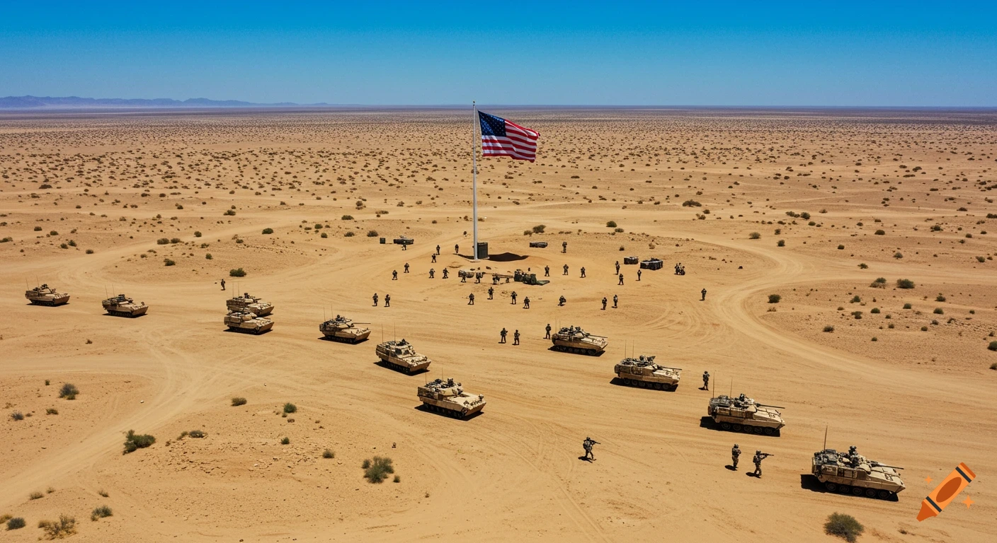 US Army tanks and soldiers gathered around an American flag in a vast desert, drone shot.