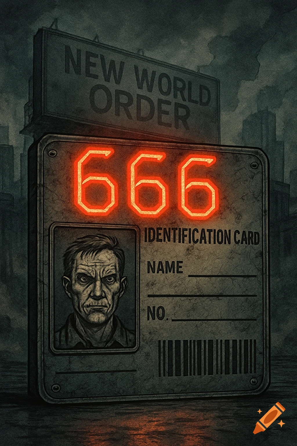 Dystopian comic art of an ID card with glowing '666' and a gaunt man's photo, set against a 'NEW WORLD ORDER' billboard.