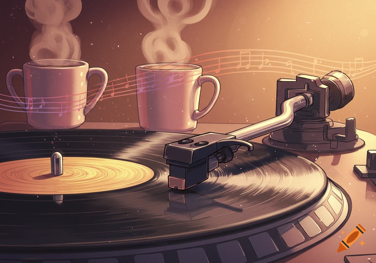 Anime style close-up of a record player with two steaming coffee mugs and musical notes floating in the air.