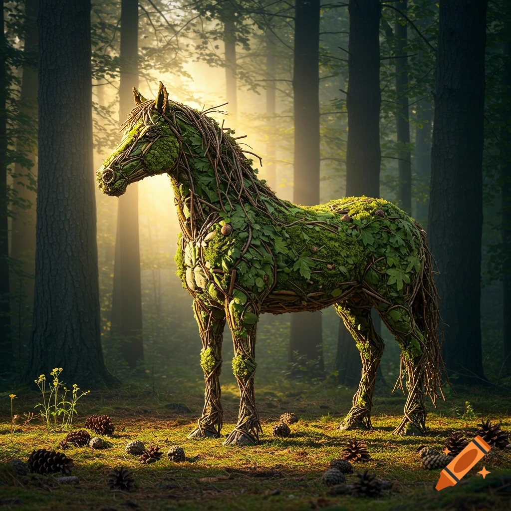 A detailed sculpture of a horse made from green leaves, moss, and branches stands in a sunlit, misty forest.