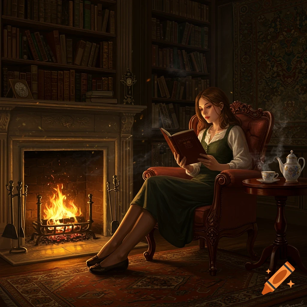 A woman reads a book in a cozy, dimly lit room with a roaring fireplace and bookshelves.