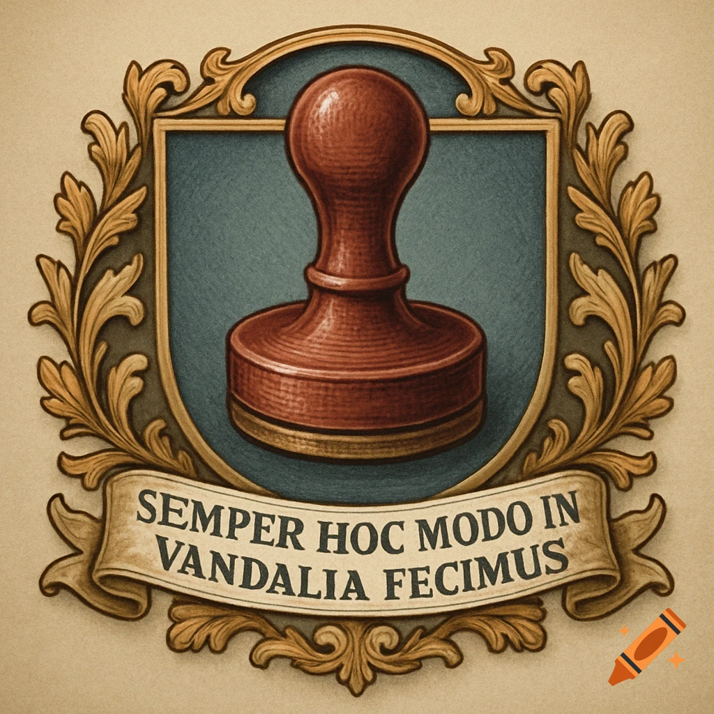 Stylized coat of arms with a red stamp on a blue shield, surrounded by gold scrollwork, and a banner reading 'Semper hoc modo in Vandalia fecimus'.