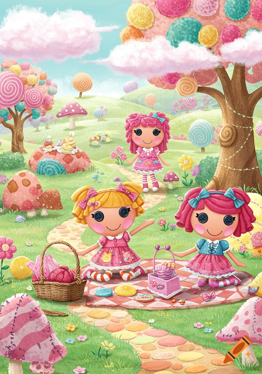 Three rag dolls picnic in a whimsical candy land with lollipop trees and mushroom houses, in a colorful illustration.