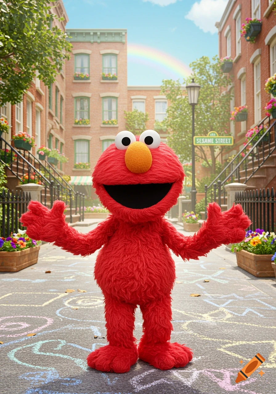 Photorealistic Elmo stands with open arms on a chalk-drawn street, with buildings, a rainbow, and a Sesame Street sign.