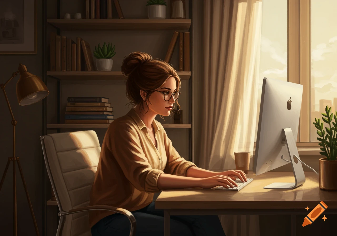Digital illustration of a woman with brown hair and glasses working on an Apple computer in a sunny office with bookshelves.