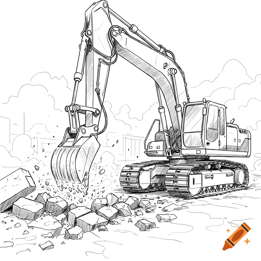 A black and white sketch of an excavator digging up broken concrete debris on a construction site.