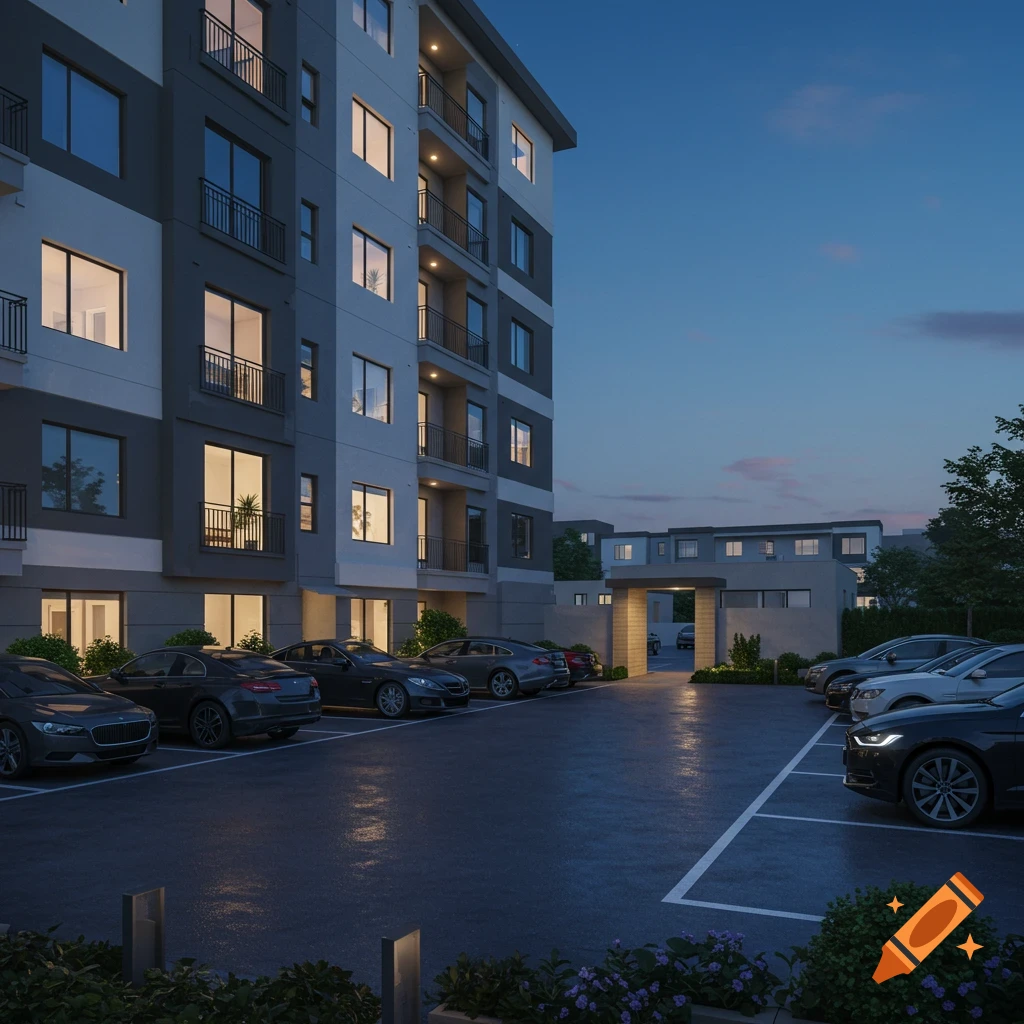 Modern apartment building with a parking lot full of cars at dusk, illuminated by building lights.