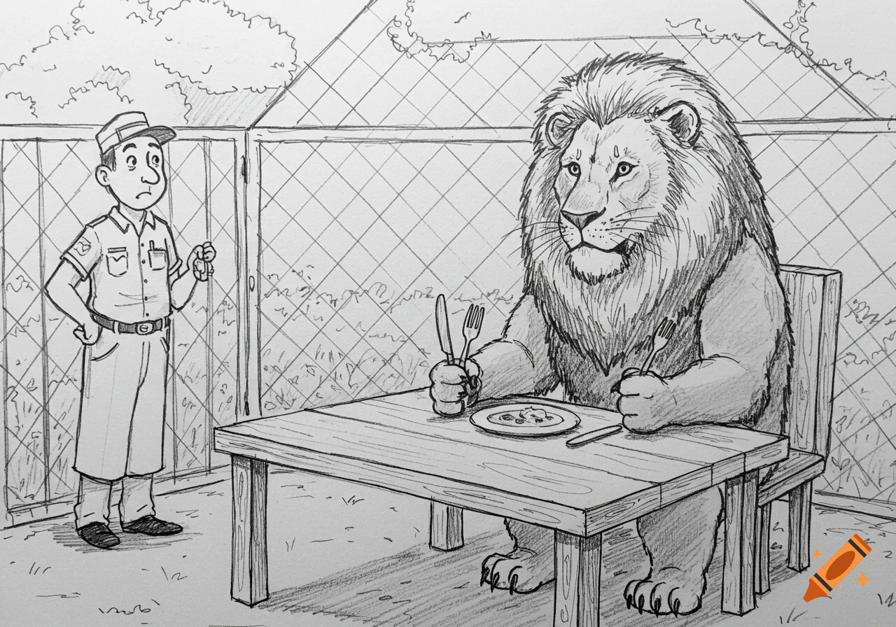 Sketch-style pencil illustration of a zookeeper watching a lion eating at a table in a zoo exhibit.