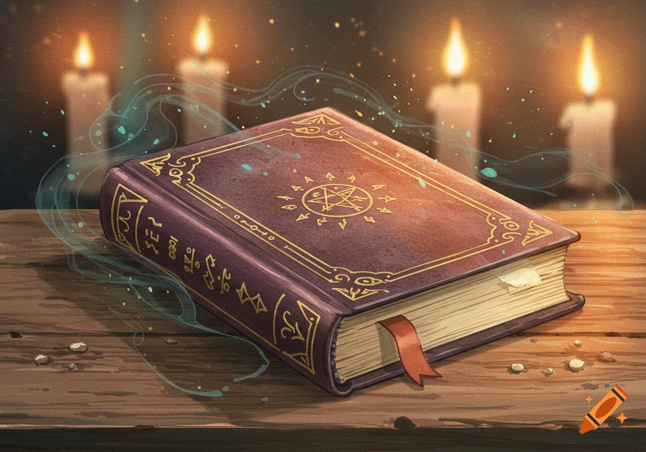 Watercolor painting of an ornate purple mystical book with gold symbols and a red bookmark, surrounded by magic wisps and candlelight.