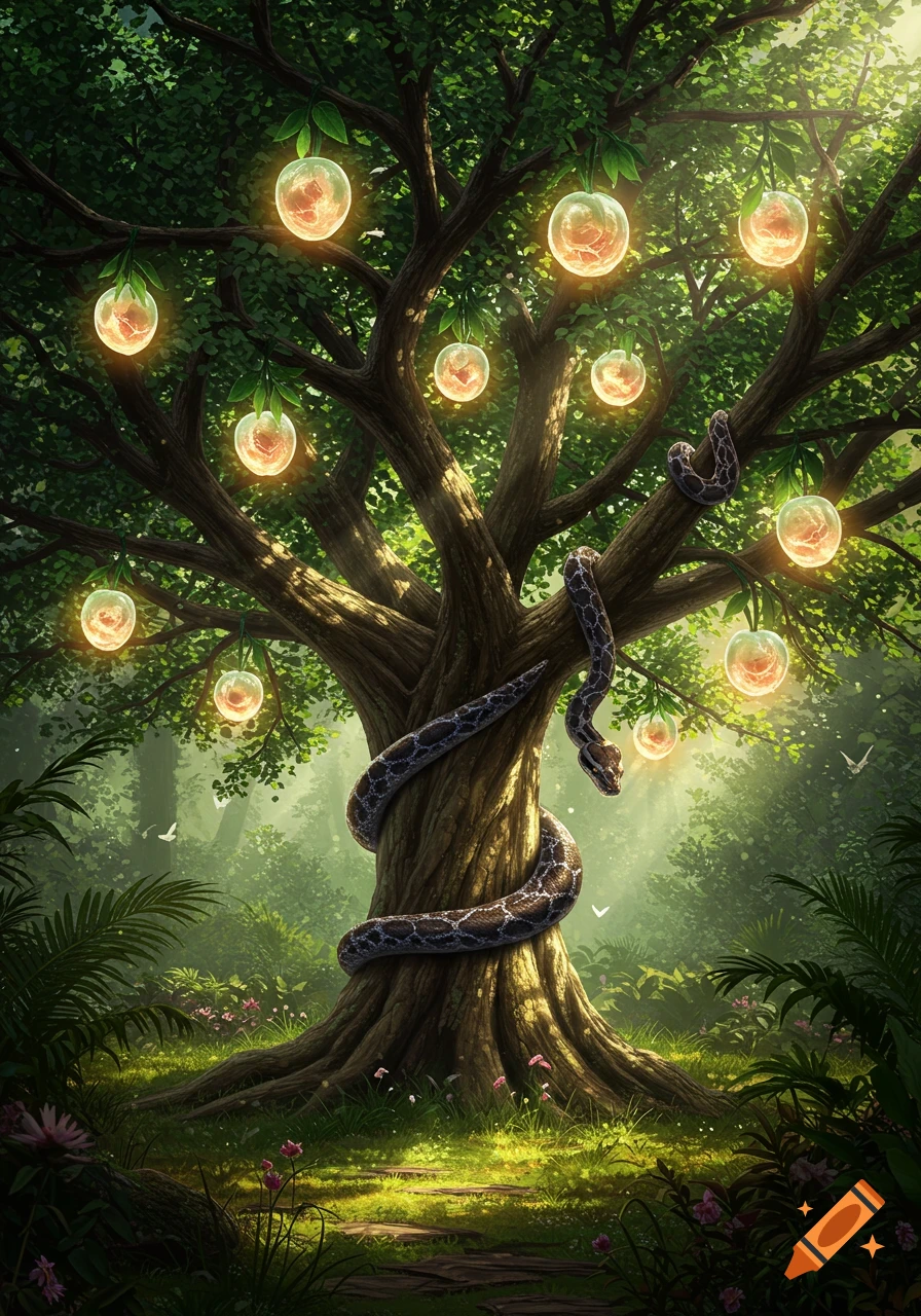A large, ancient tree with glowing, translucent fruits and a dark python wrapped around its trunk in a lush, sunlit forest.