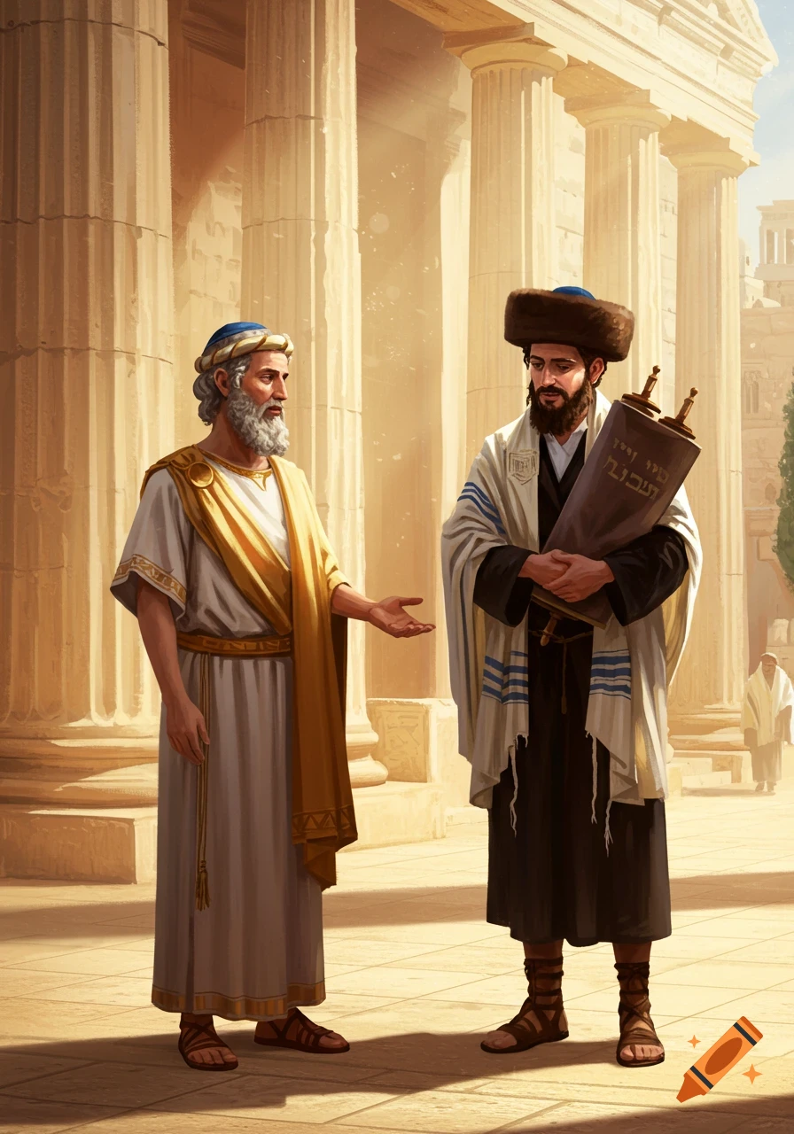 Two men in ancient attire, one gesturing, the other holding a scroll, standing before large classical columns.
