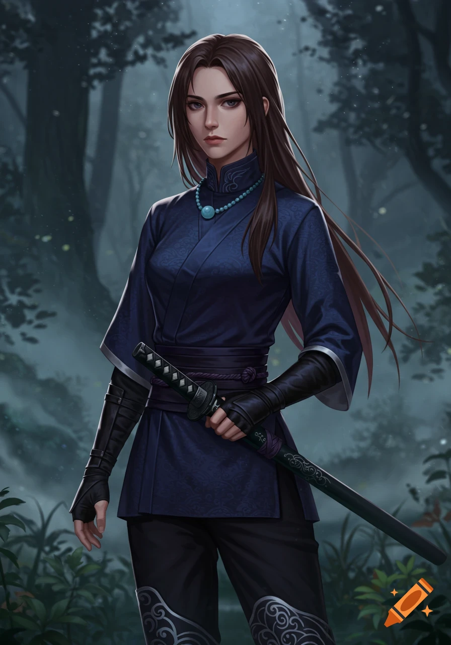 A calm anime-style woman warrior with dark hair, dressed in a navy kimono, stands in a misty forest, holding a katana.