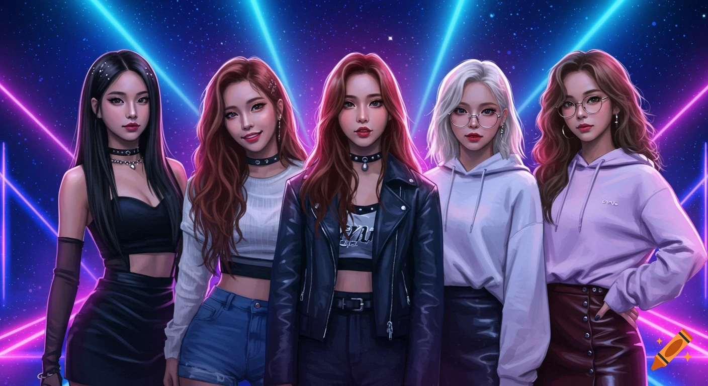 Five stylish animated K-pop idols posing in a futuristic setting with neon and cosmic lights. They wear various modern outfits.