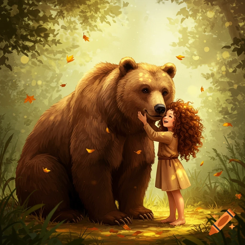 Illustrated fantasy: A smiling girl with curly brown hair hugs a large brown bear in a sunlit forest with falling autumn leaves.
