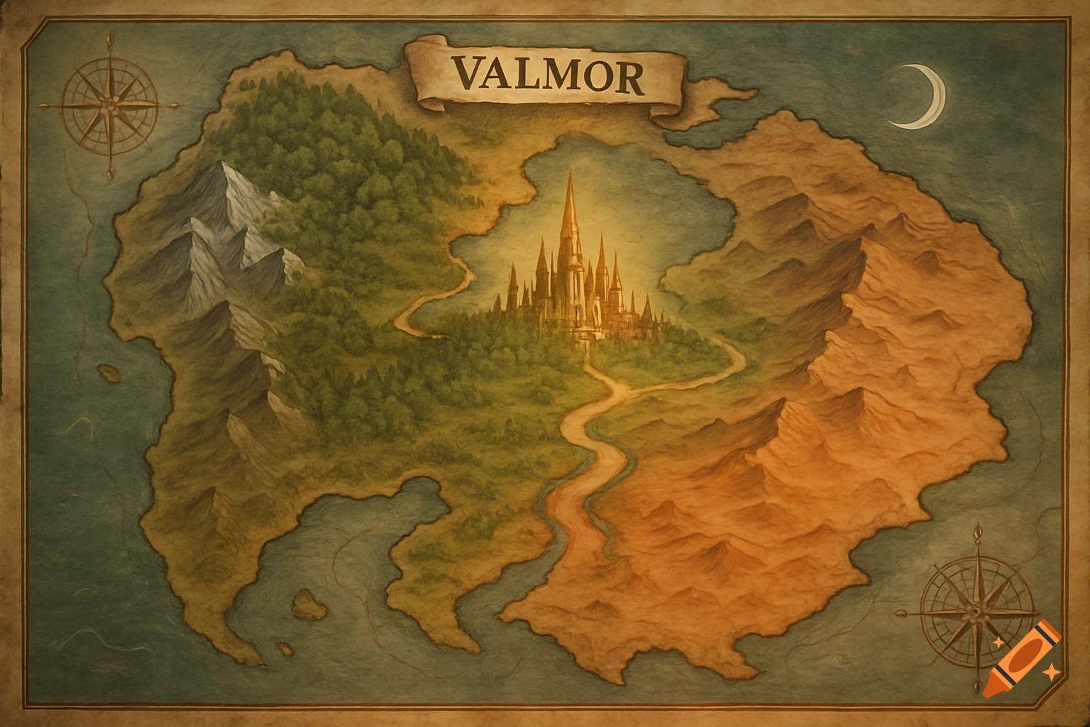 An old-style fantasy map labeled 'VALMOR,' showing a large castle at its center, surrounded by forests, mountains, and blue oceans.