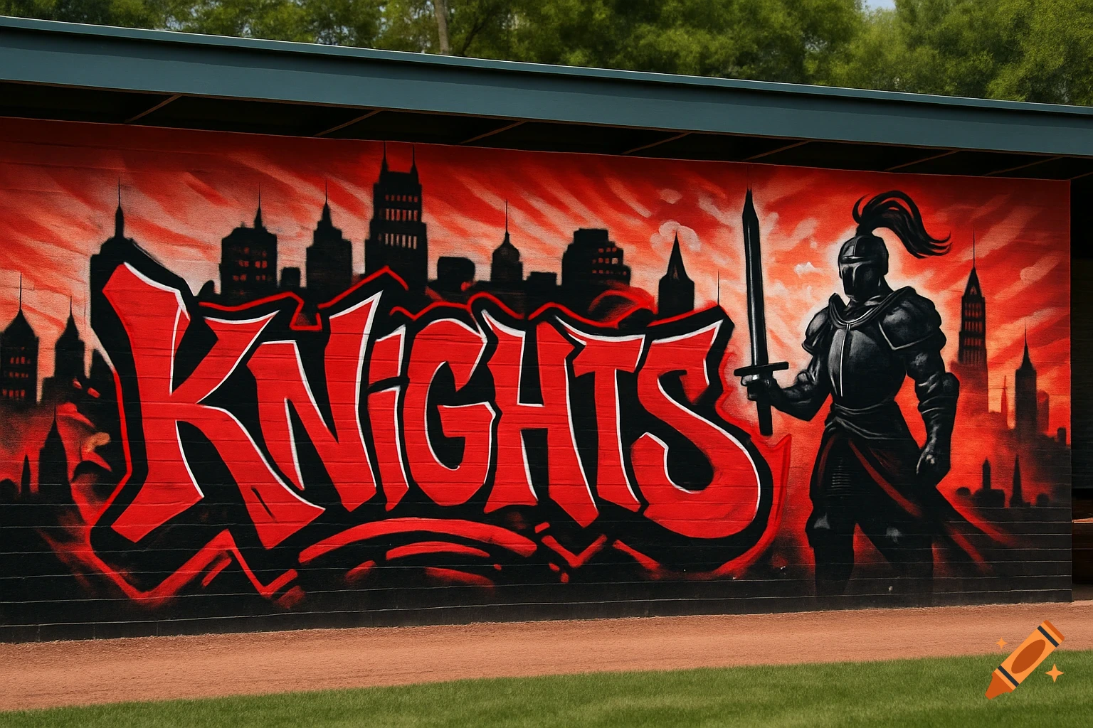 Graffiti mural on a baseball dugout wall with "KNIGHTS" in red and black, a knight figure, and a city skyline.