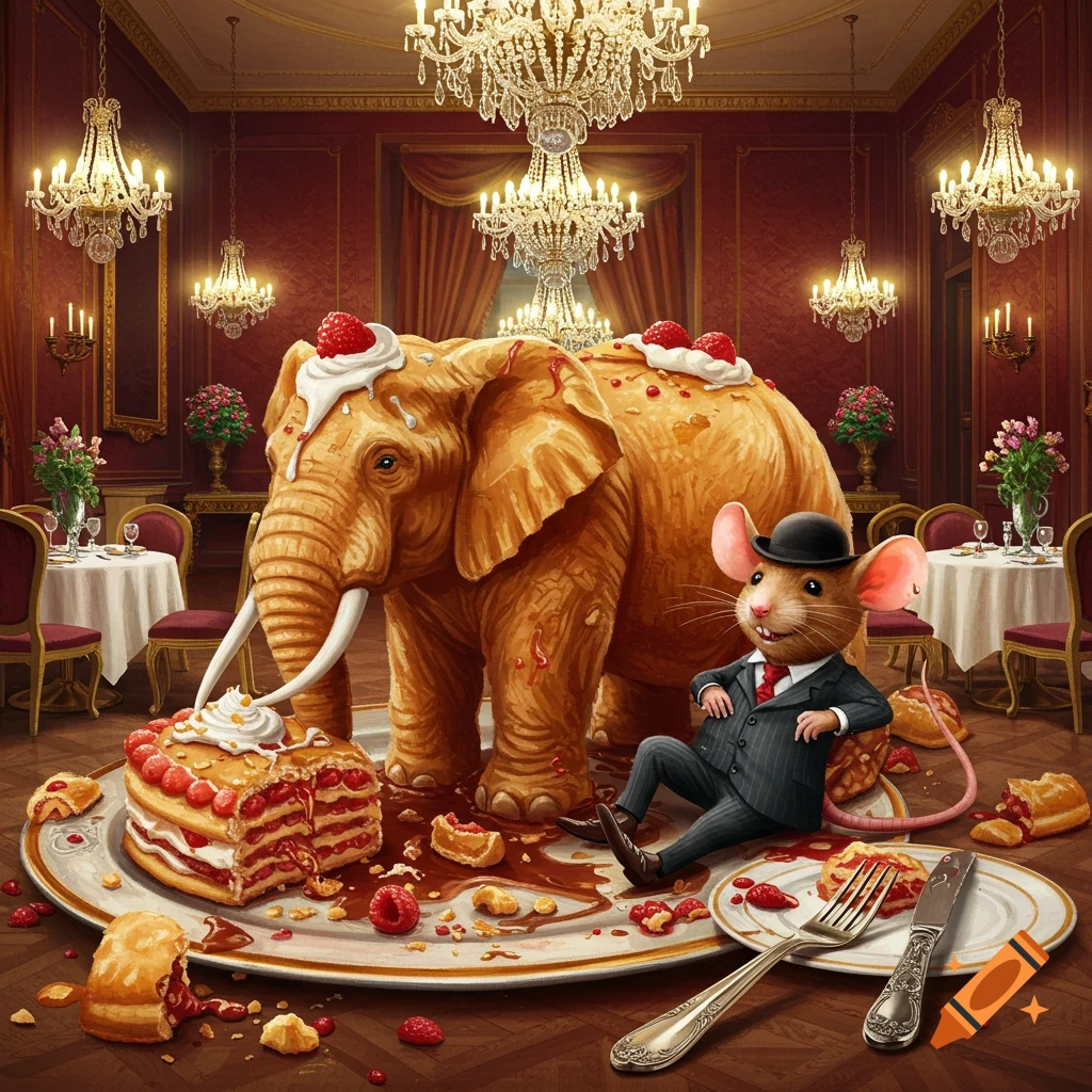 A dapper mouse in a suit reclines on a giant plate amidst crumbs, having eaten most of a large elephant-shaped cake in a lavish dining room.