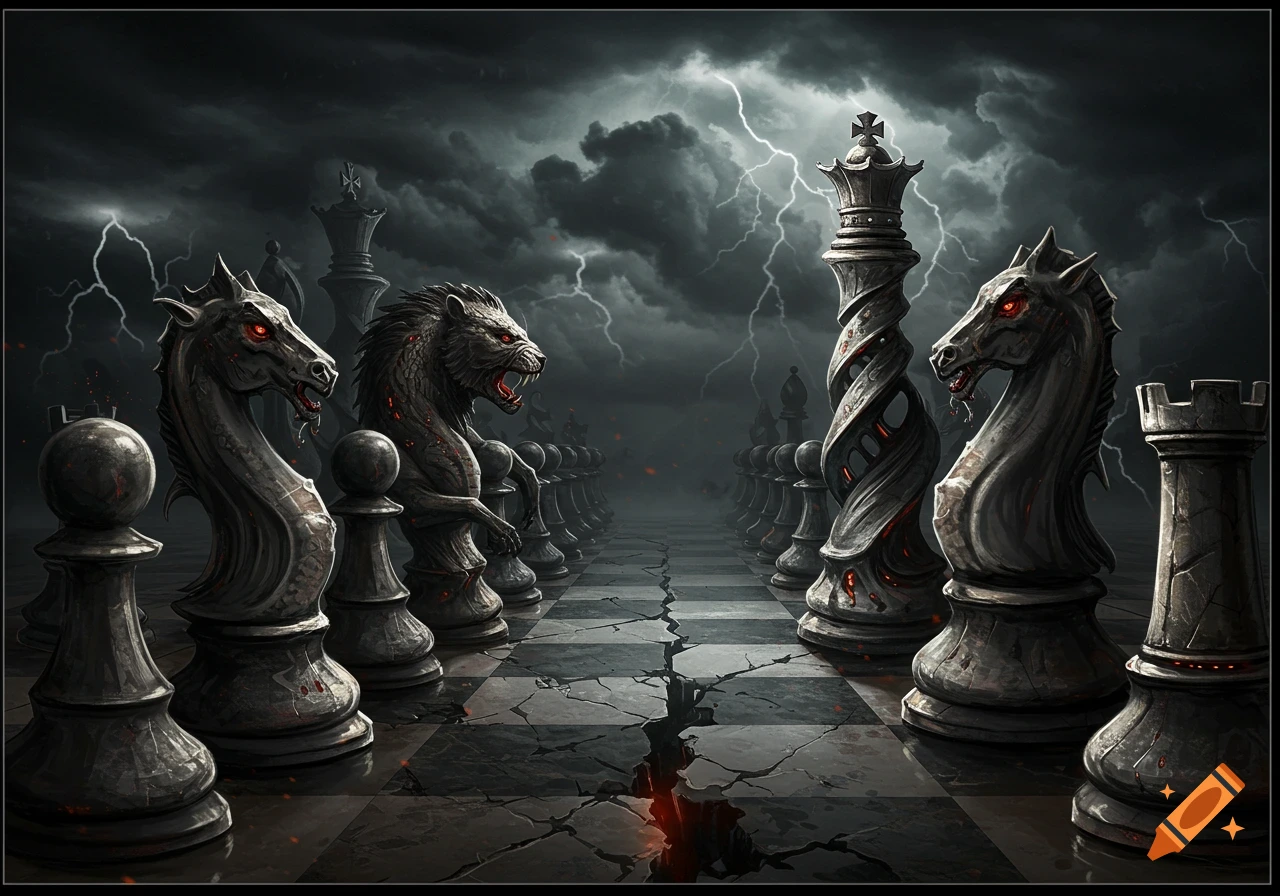 A dark fantasy art rendering of a chess board with monstrous, glowing-eyed pieces under a stormy, lightning-filled sky.