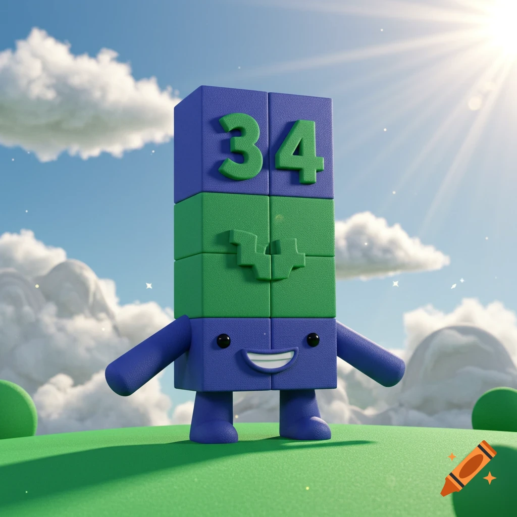 A blue and green block-shaped cartoon character with the number 34 on its chest, smiling in a sunny outdoor scene.