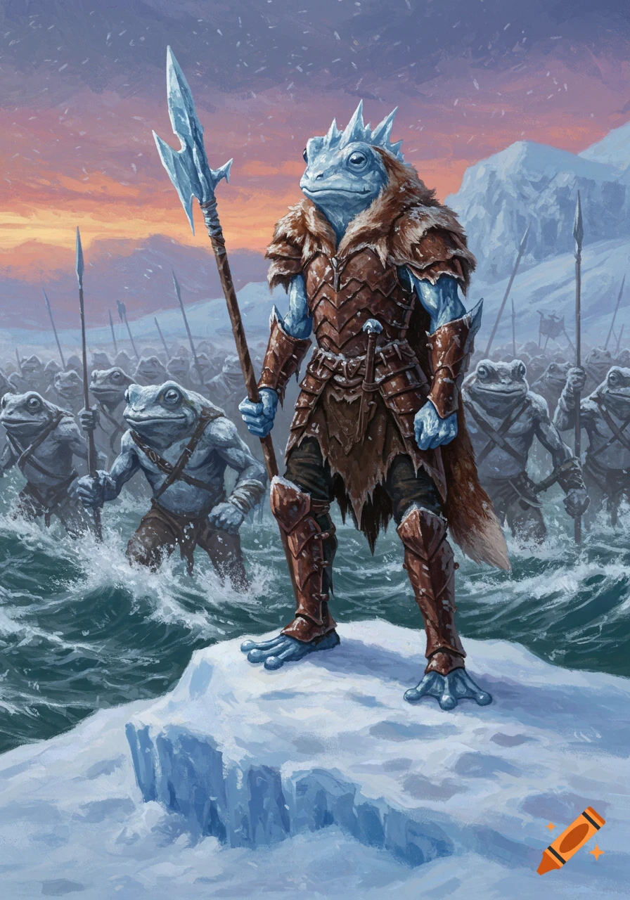 An ice frog-man warrior in fox fur armor stands on a snowbank, leading a legion of frog-men emerging from the sea at sunset. Oil painting.