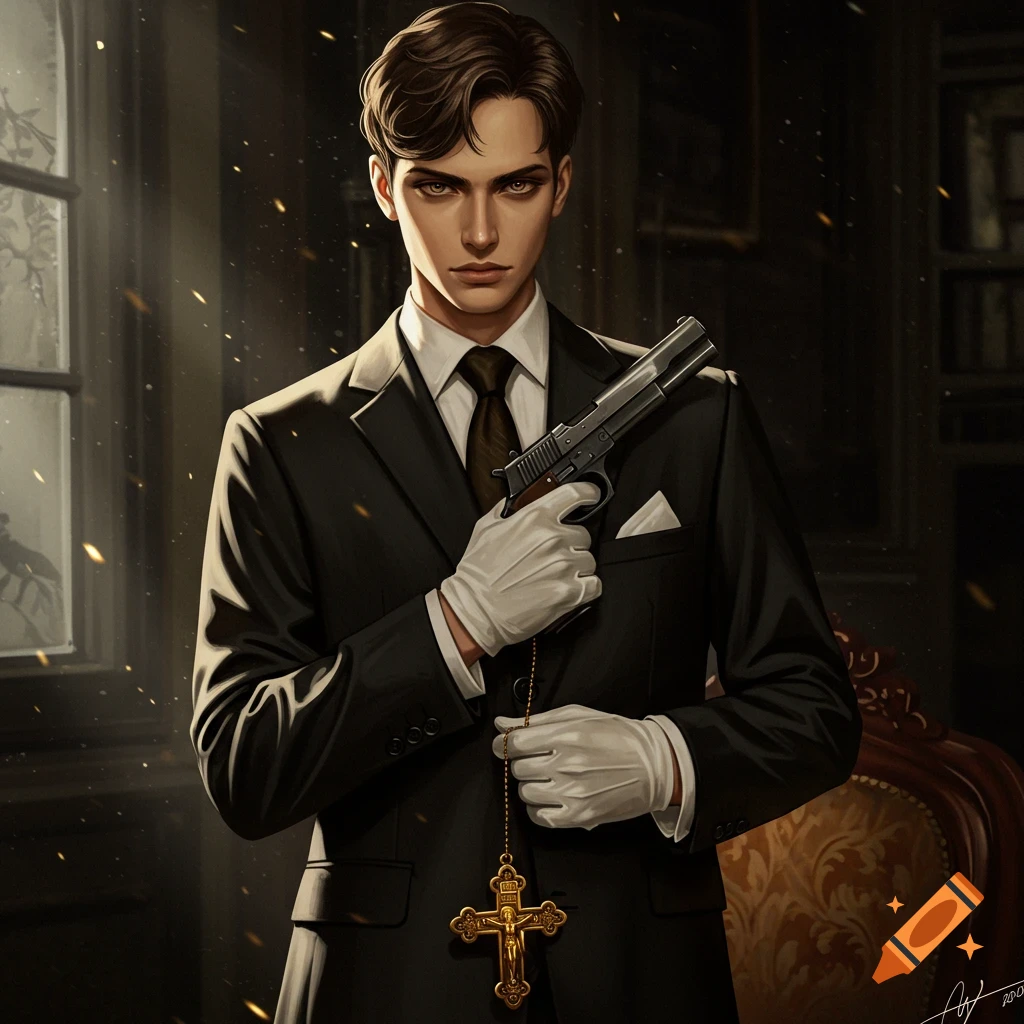 A stylish man in a suit and white gloves holds a pistol and a golden crucifix rosary in a dark, atmospheric room.