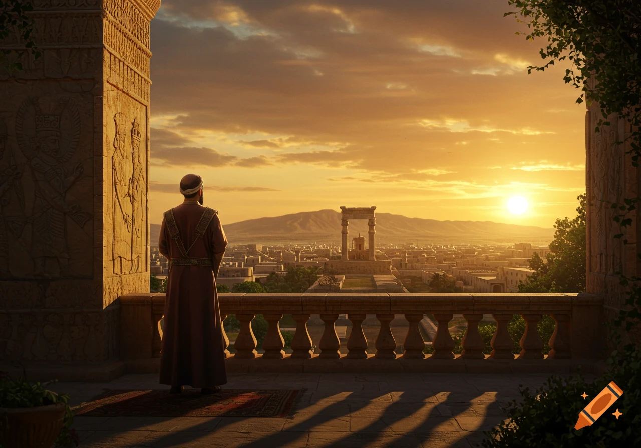 A man in ancient robes looks out from a balcony over a sprawling ancient city at sunset, with mountains and architectural ruins in the distance.