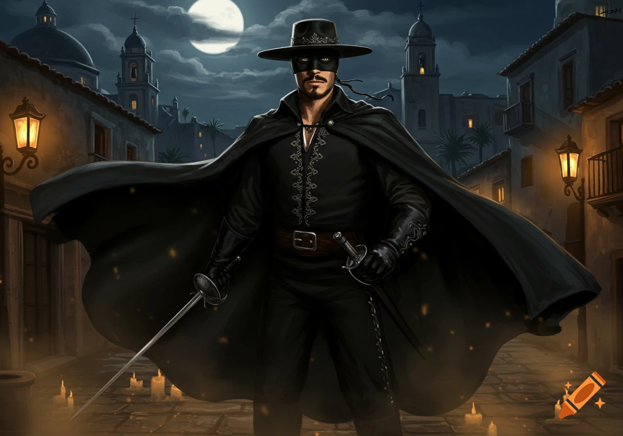 A masked swordsman, Zorro, in a black cape and hat, stands in a moonlit old town street, holding two rapiers.