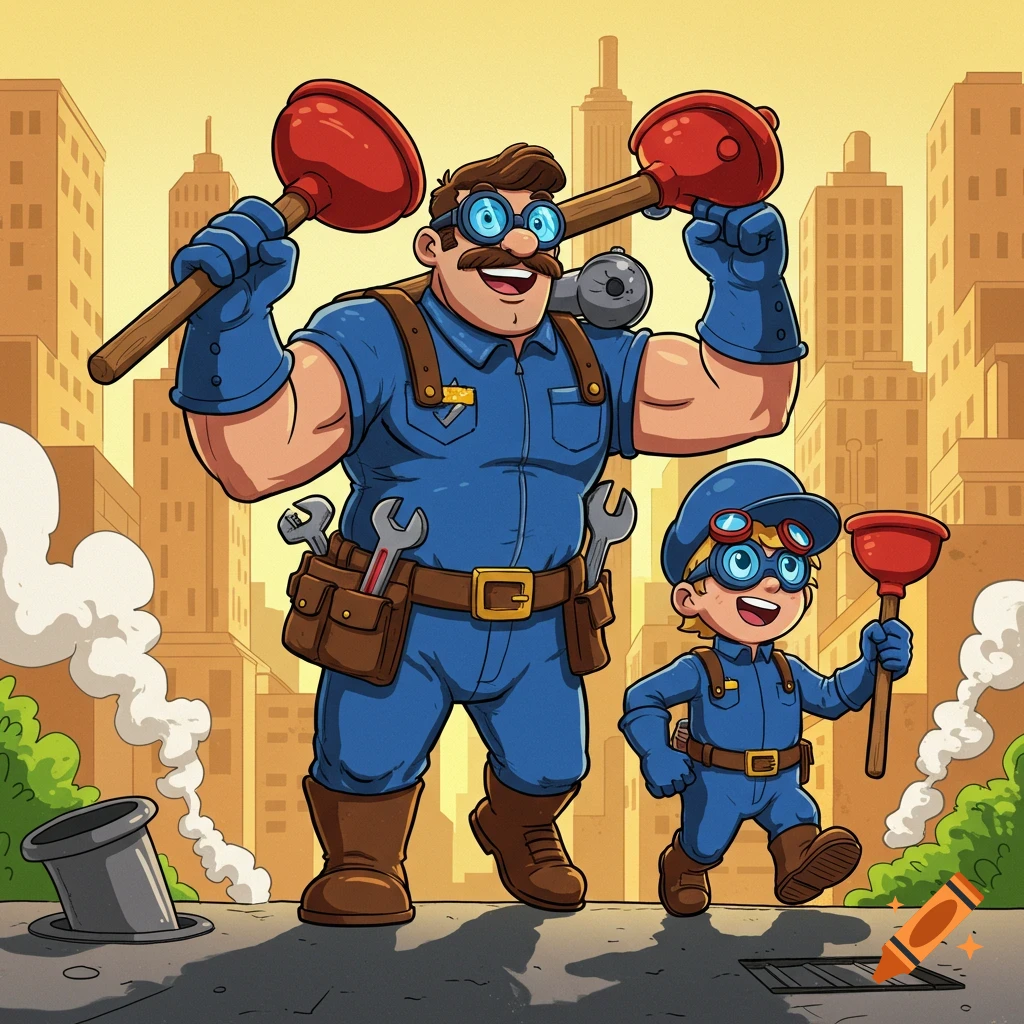 A cartoon father and son plumber duo, dressed in blue uniforms and goggles, stand heroically holding plungers on a city street.