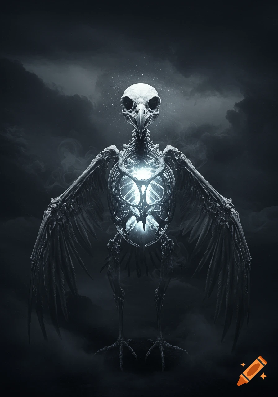 A skeletal eagle creature with wide wings and a bird skull, glowing with blue energy in its ribcage, against a dark, smoky sky.