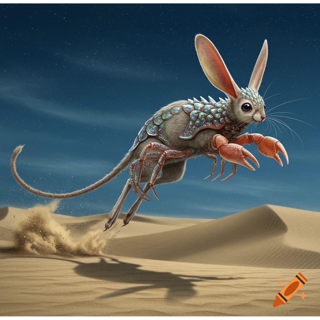 A fantastical gerboa-crab hybrid creature with a furry body, iridescent scales, and red crab claws leaps over desert sand dunes under a starry blue sky.