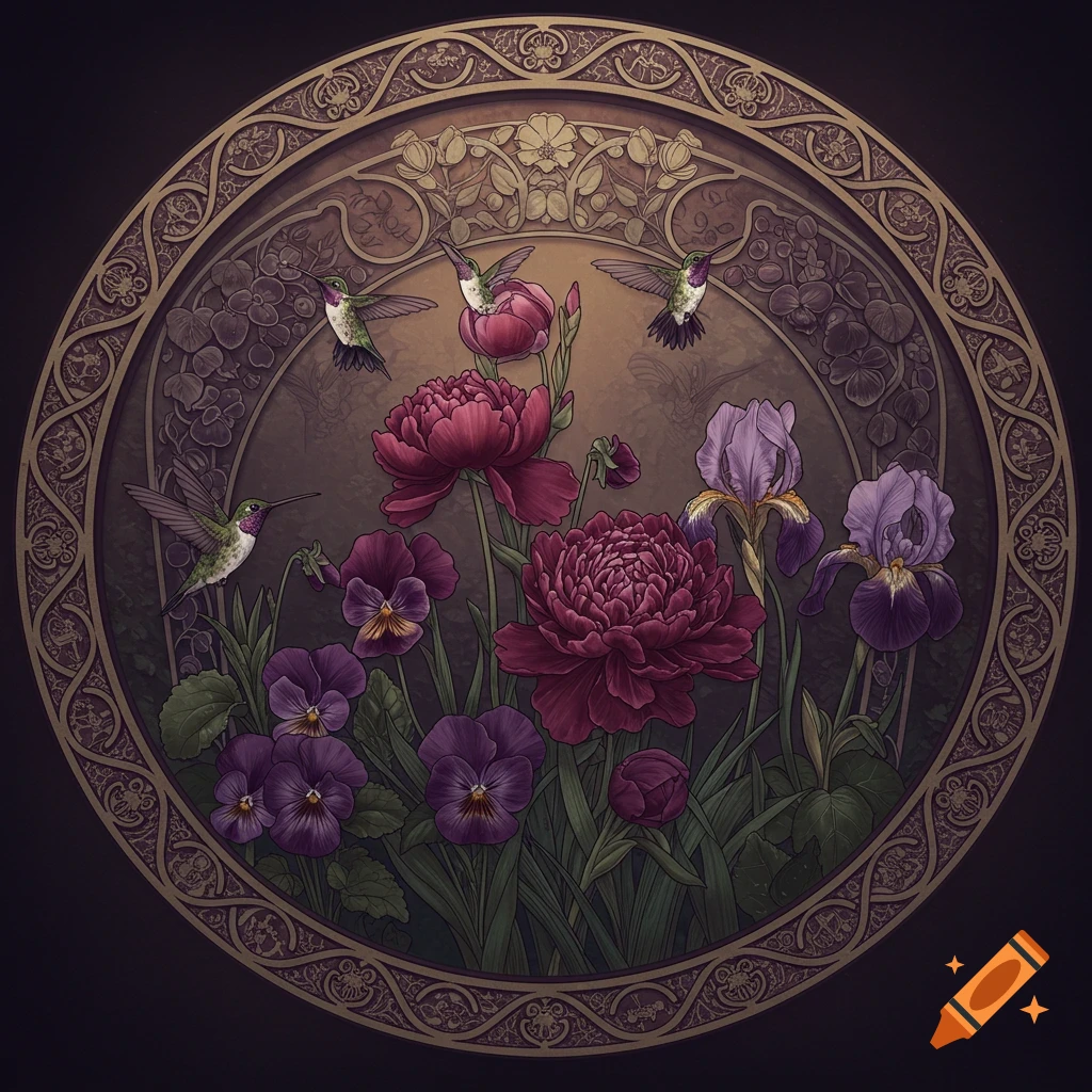 Art Nouveau illustration of hummingbirds flying among peonies, irises, and violets within an ornate circular border.