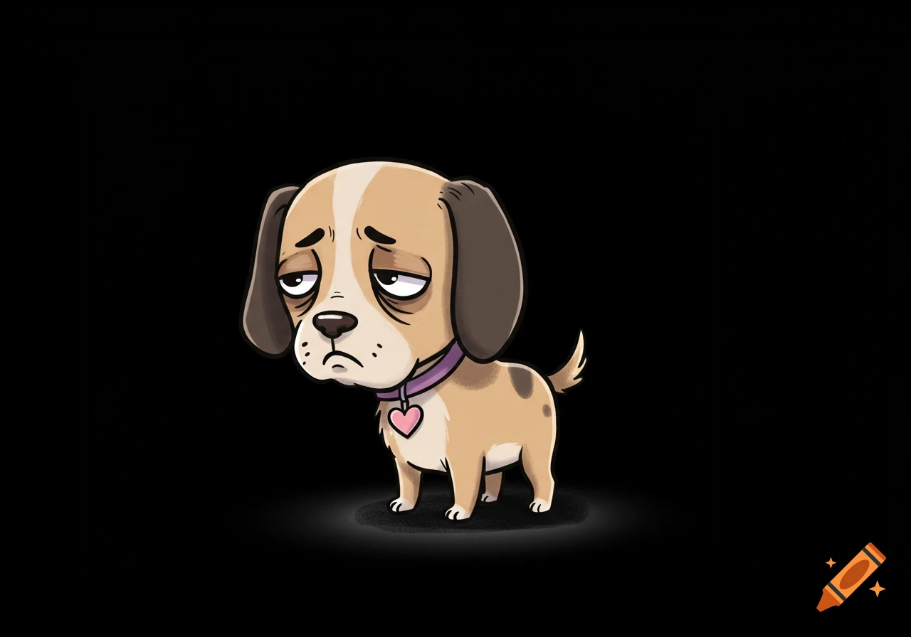 A sad cartoon dog with droopy eyes and a pink heart tag on a purple collar, against a black background.