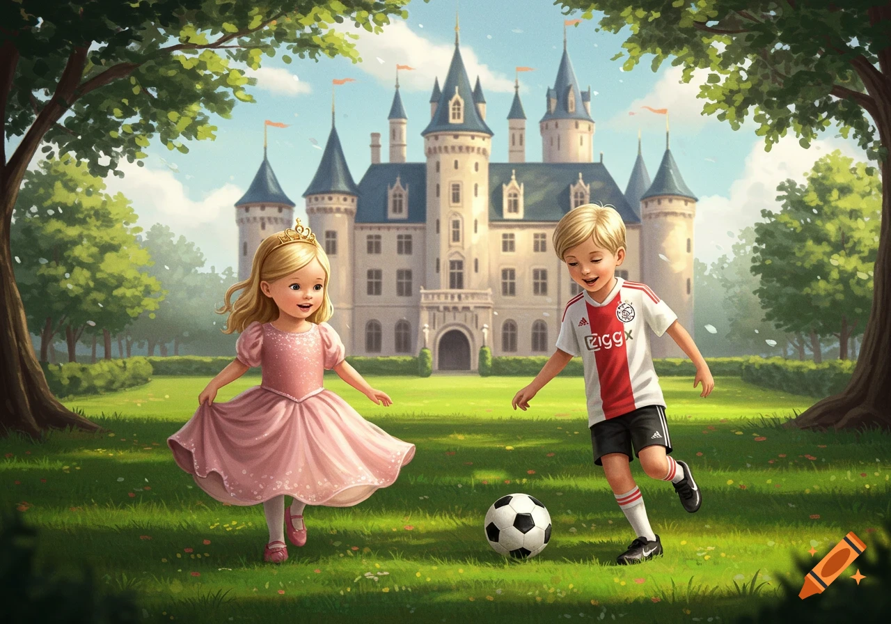 Blonde princess girl in pink dress and boy in Ajax soccer kit playing with a soccer ball on a lawn in front of a castle, illustration.