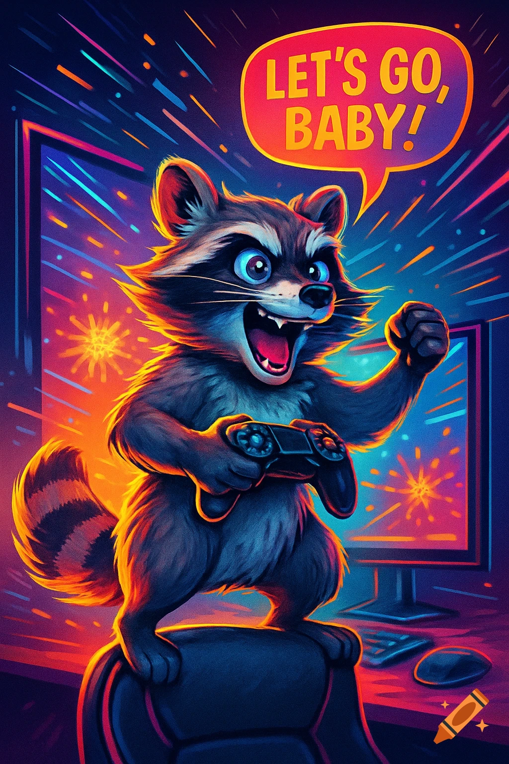 A vibrant cartoon raccoon gamer cheering 'LET'S GO, BABY!' with a controller and fist pump in a neon-lit room.