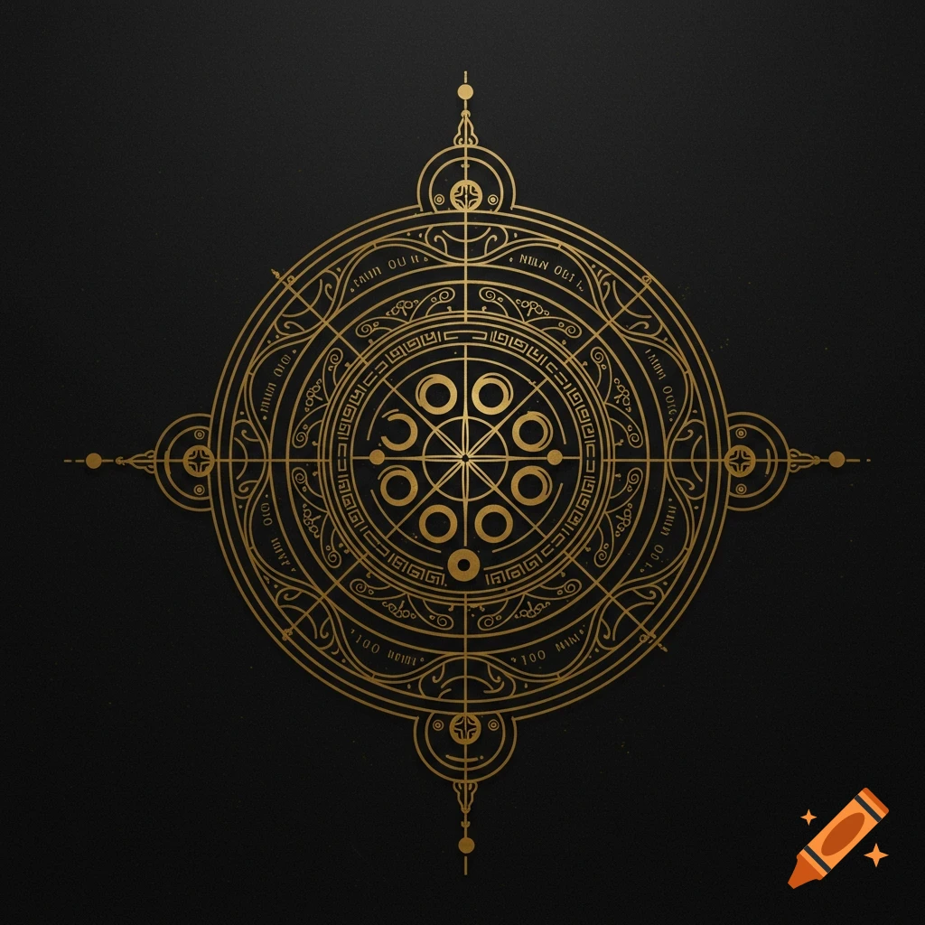 An intricate gold circular emblem featuring geometric patterns, concentric rings, and decorative, text-like symbols, set against a dark background.