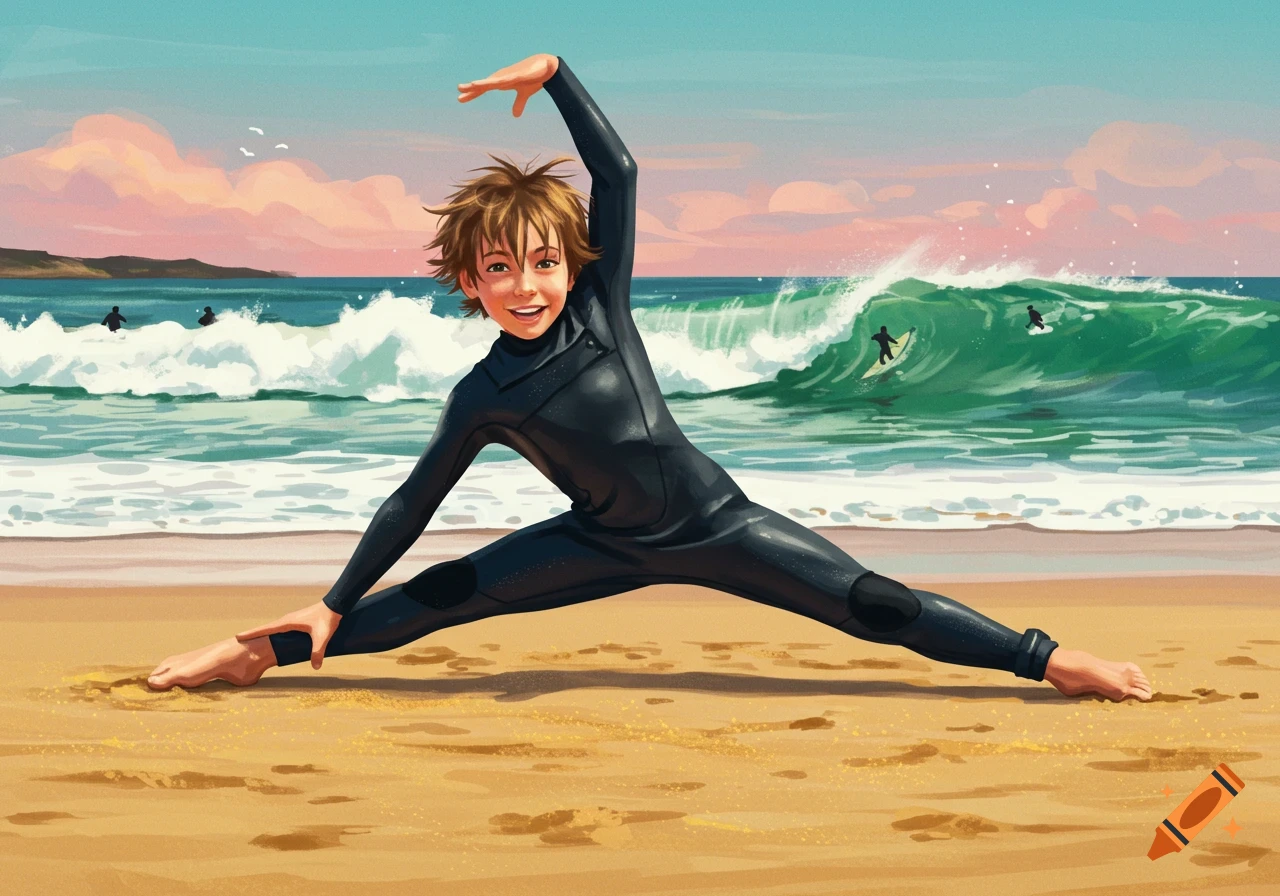 Illustrated boy in a wetsuit doing the splits on a sandy beach with surfers and waves in the background.