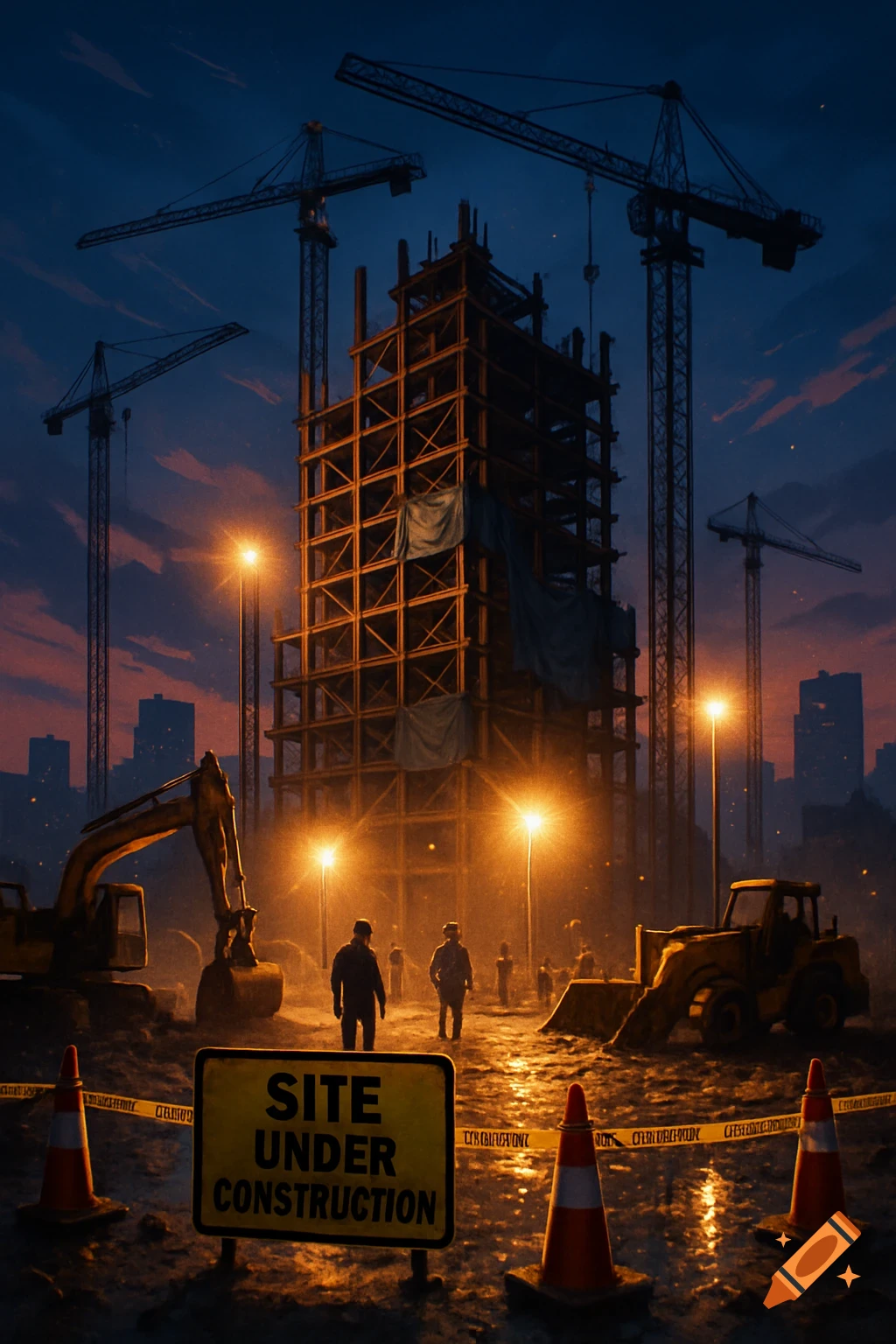 A dark, moody construction site at night with cranes, an unfinished building, and workers under bright lights. A 'Site Under Construction' sign is in the foreground.