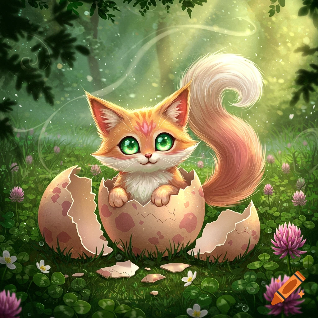 A cute anime-style kitten-fox with large green eyes emerges from a cracked egg in a vibrant, sun-dappled forest clearing.