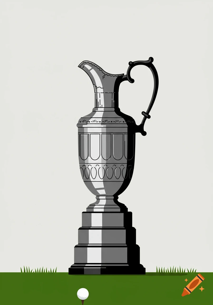 A stylized vector illustration of a silver golf trophy, resembling the Claret Jug, with a golf ball and tee on green grass.