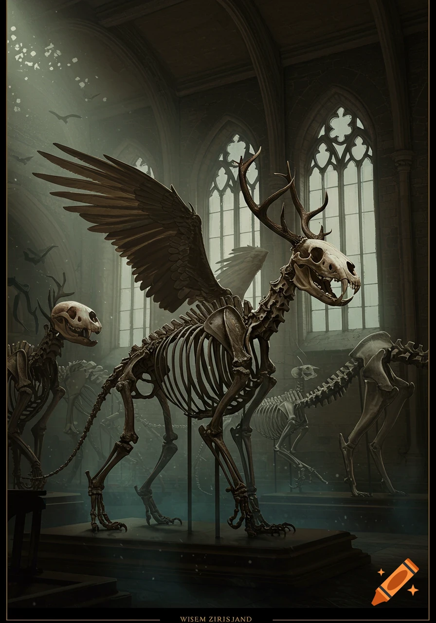 Skeletons of mythical hybrid creatures with wings and antlers displayed in a dark, atmospheric Gothic museum.