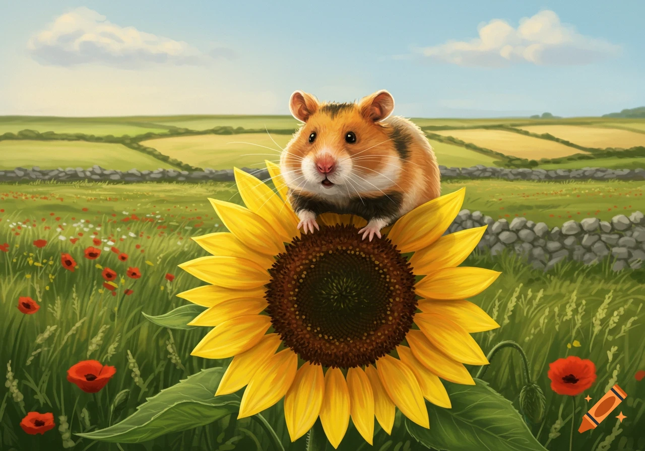 A cute brown and white hamster perches on a large yellow sunflower in a vibrant green field with red poppies, painted.