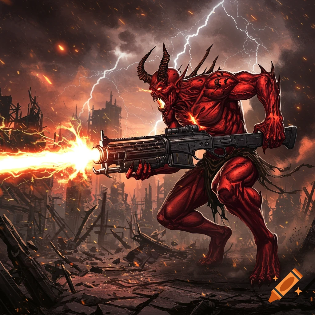 A hyper-detailed comic book illustration of a red demonic warrior firing a glowing rifle in a ruined, lightning-struck city.