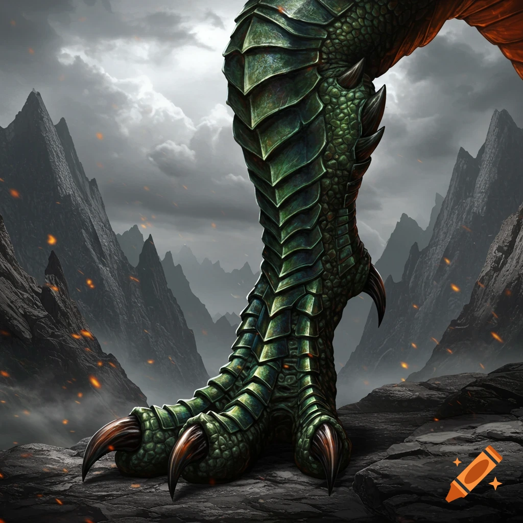 Close-up of a dragon's powerful green scaled leg and clawed foot standing on rocky terrain with fiery mountains under a cloudy sky.