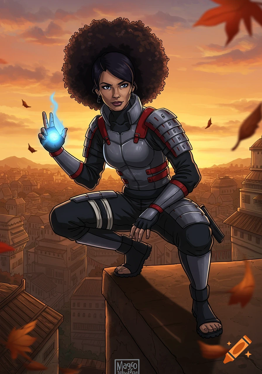 A woman with an afro, dressed as a shinobi, crouches on a rooftop holding a glowing blue orb, overlooking a village at sunset in anime style.