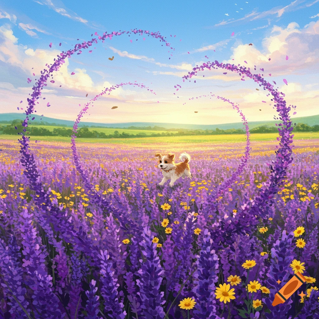 A cute mini dog runs through a vibrant lavender and daisy field, with purple petals forming a heart in the sky.
