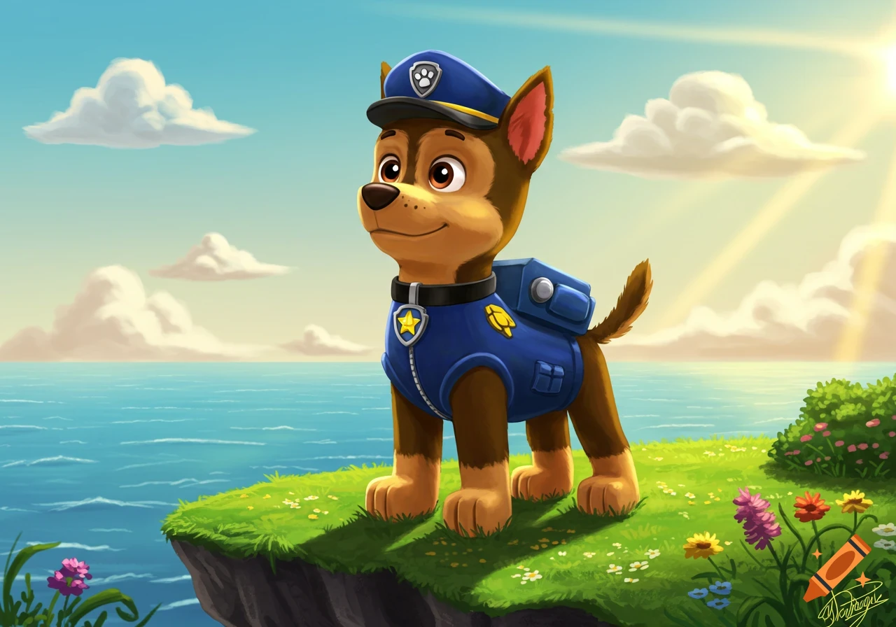 Cartoon dog Chase from Paw Patrol stands on a grassy cliff by a sunny ocean, looking ahead.
