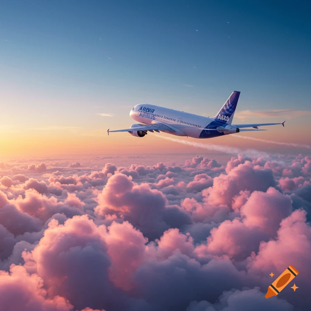 A photorealistic airplane flies above pink and white clouds during sunset.