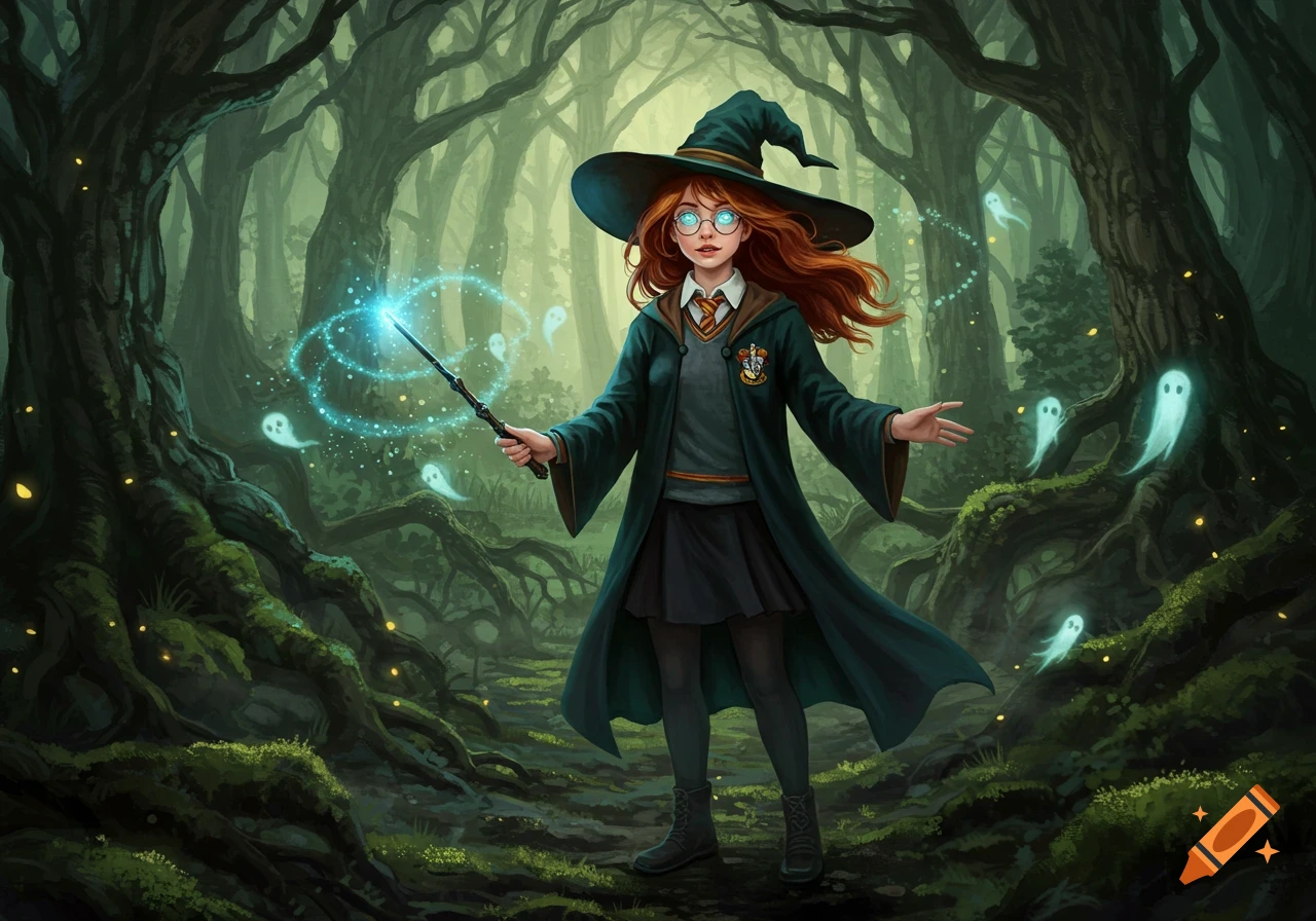 An illustration of a red-headed witch in a forest, holding a glowing wand and surrounded by small ghosts.