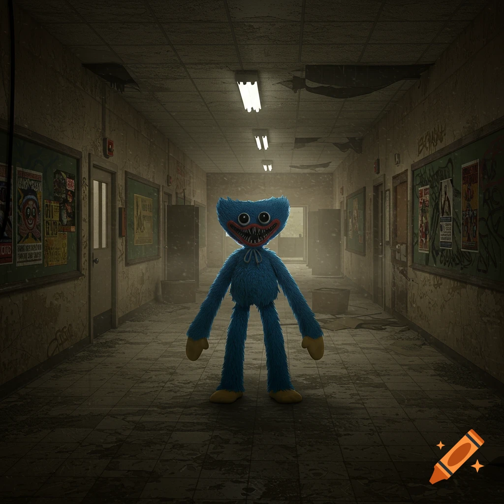 A blue Huggy Wuggy monster with sharp teeth stands in a dark, abandoned school hallway.